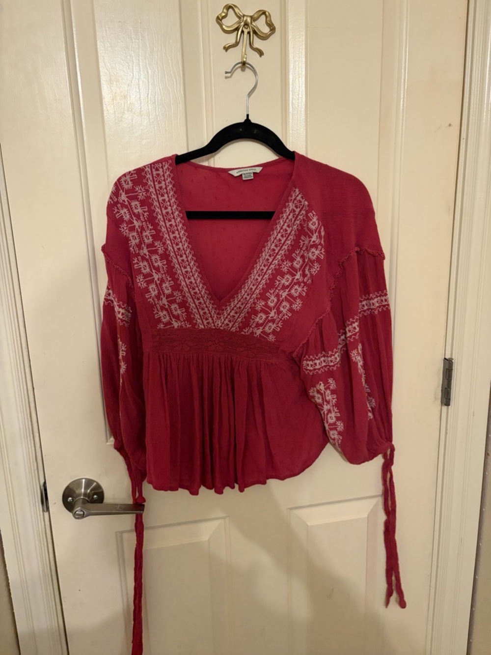 American Eagle Outfitters Red Embroidered V-Neck Peasant Top